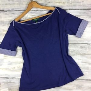Lauren Ralph Lauren Petite Top Boatneck Stripe Detail Half Sleeve Blouse